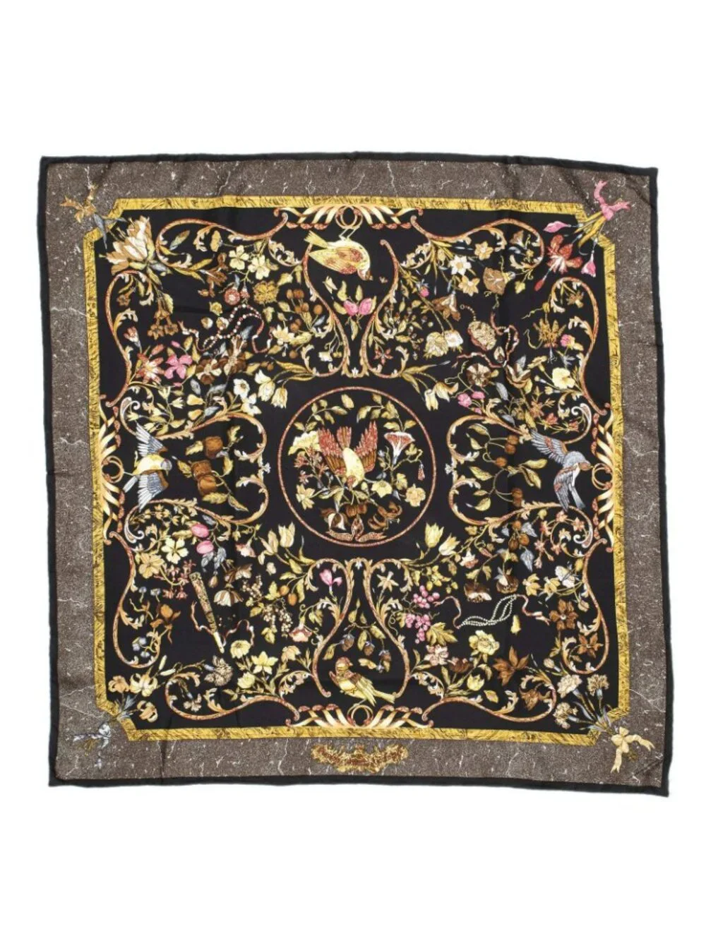Hermes Scarf Black Yellow Brown Silk